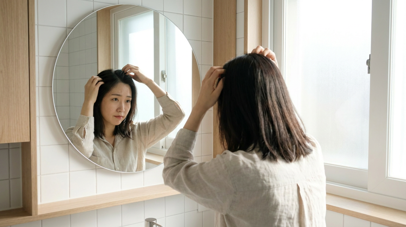 鏡の前で細くなった髪の根元を気にする女性
