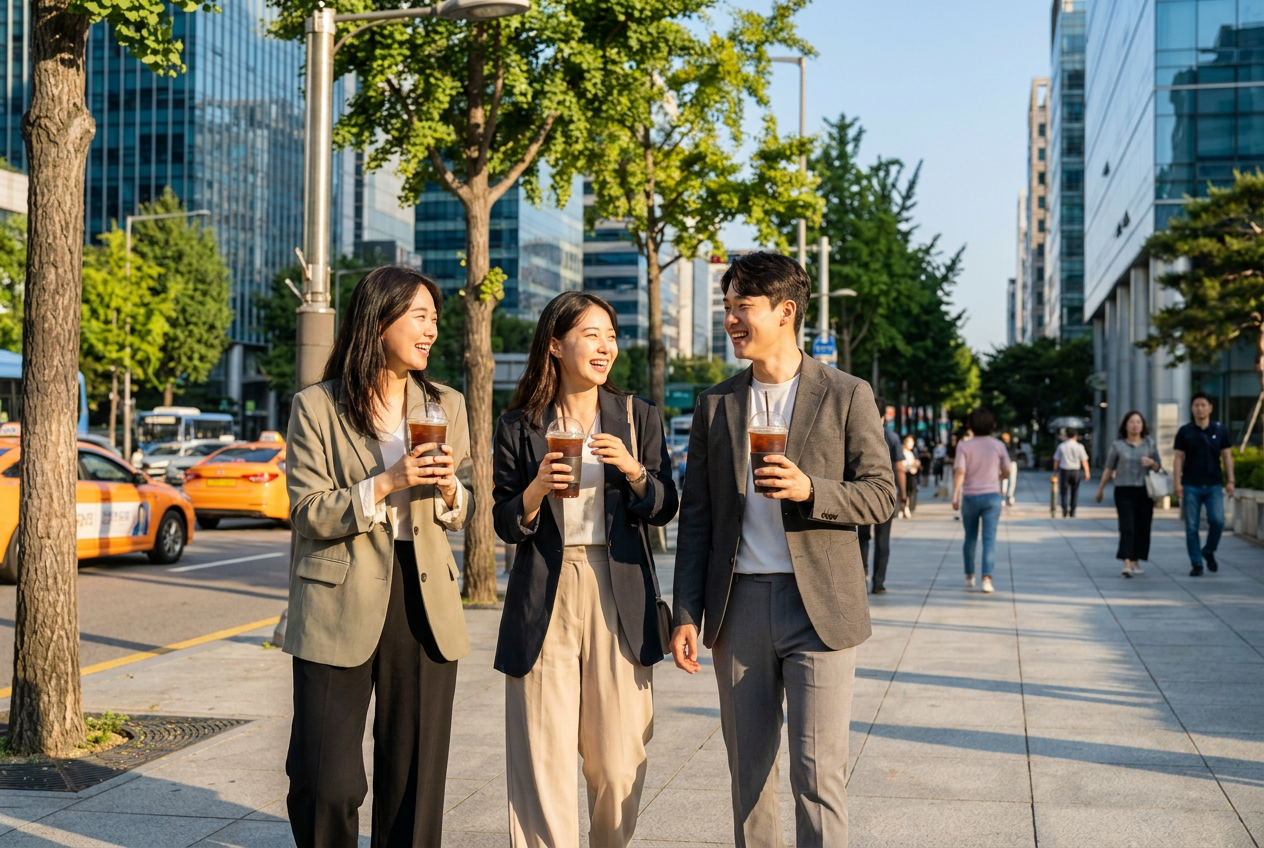 ソウルの街を、大きなアイスコーヒーを片手に歩く人々