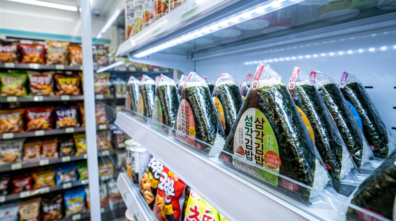 韓国コンビニの三角キンパ(サムガクキンパ)が並ぶ冷蔵棚