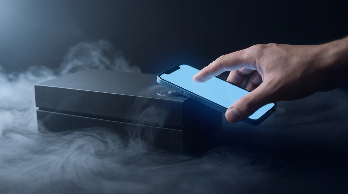 A hand tapping a phone to a circular NFC authentication tag in ambient fog