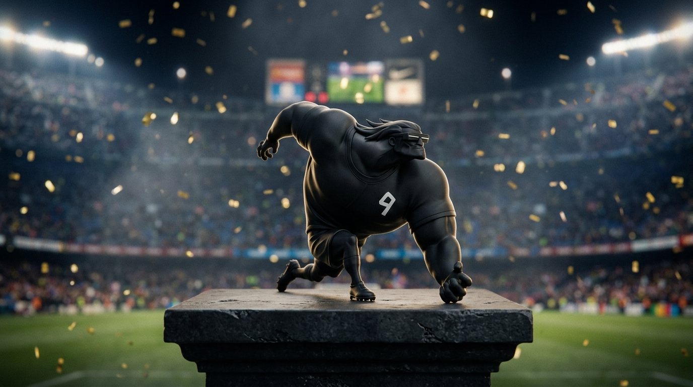 THE NINE NOIR — limitierte Resin-Skulptur eines Stürmers im Stadion bei Nacht mit goldenem Konfetti, Designer Collectible von AKCNSTUDIOS