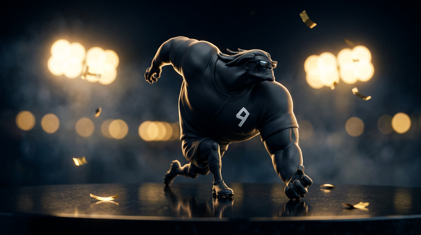 THE NINE NOIR Hero-Ansicht — matte schwarze Designer-Skulptur mit Flutlicht-Bokeh, Championship-Moment, AKCNSTUDIOS