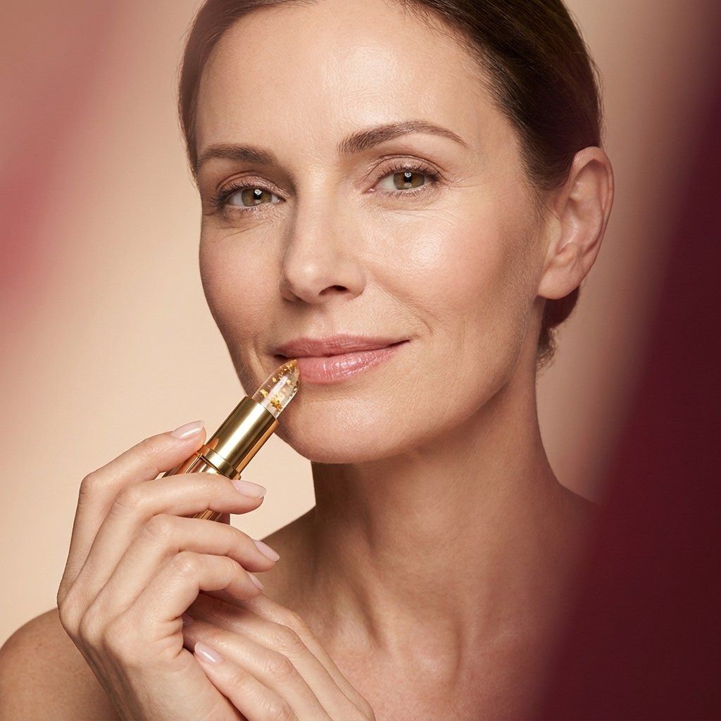 Graceful woman over 40 applying Somnalis pH lipstick