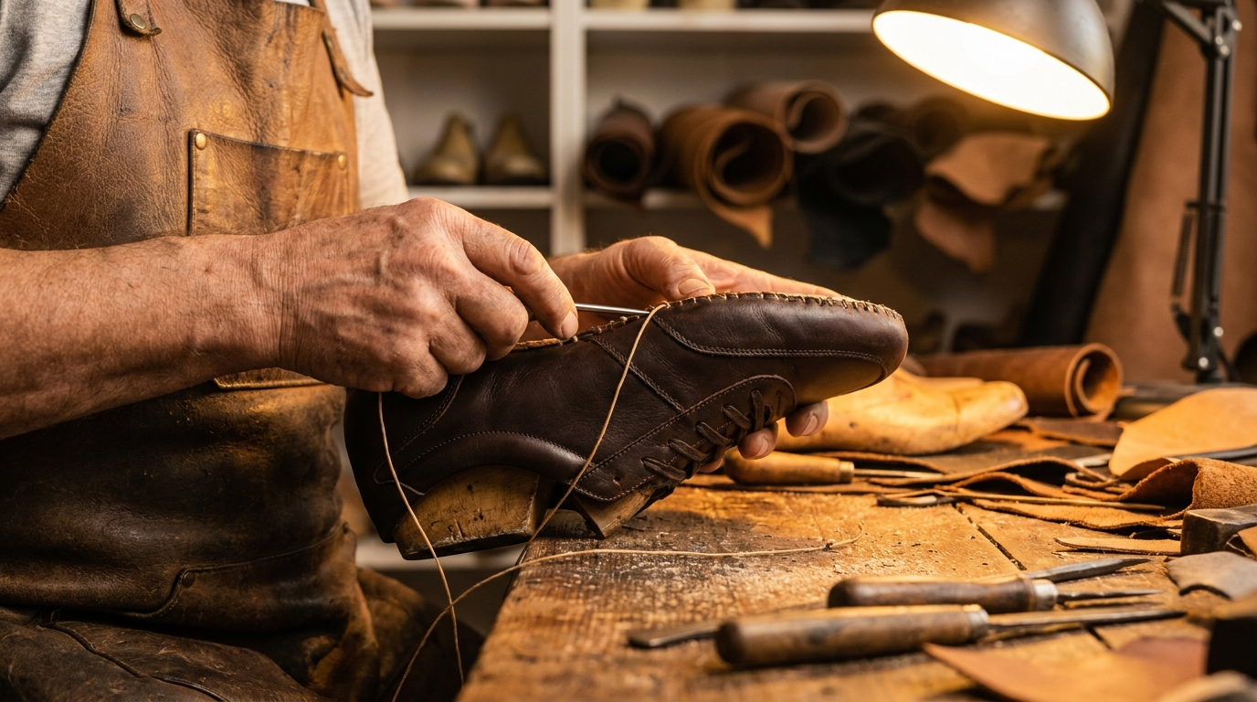 taller de calzado artesanal en León Guanajuato — manos de artesano cosiendo piel