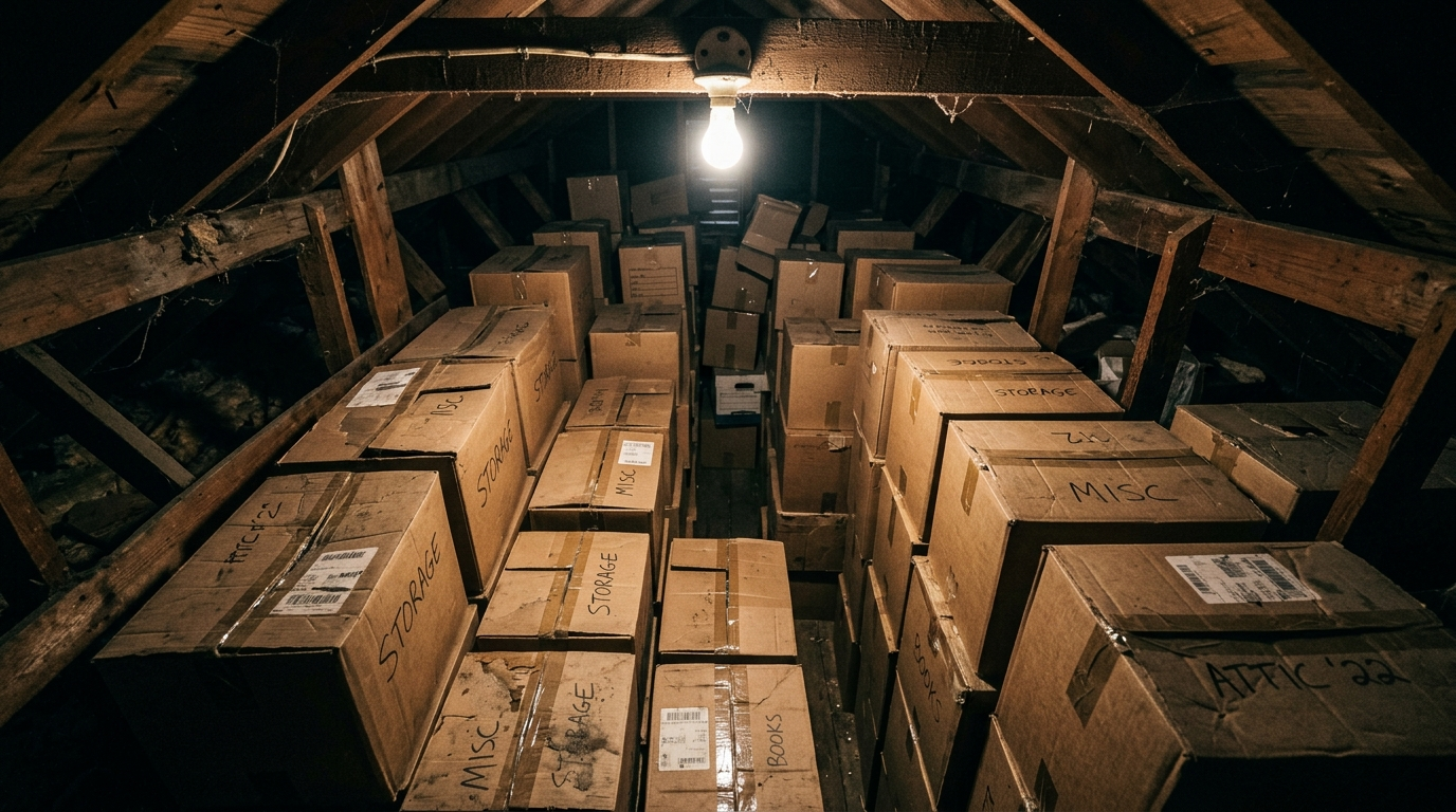Chaotic dark attic filled with identical unlabelled cardboard boxes