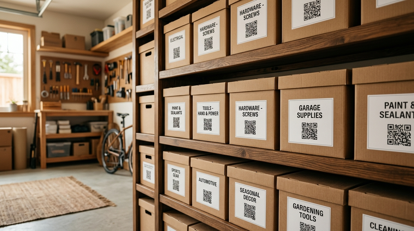 Neatly organised storage shelves with QR code labels on every box