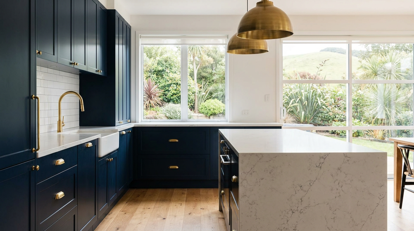 Renovated US kitchen with navy shaker cabinetry, brass faucet and a white stone island — The Kitchen Renovation Blueprint US