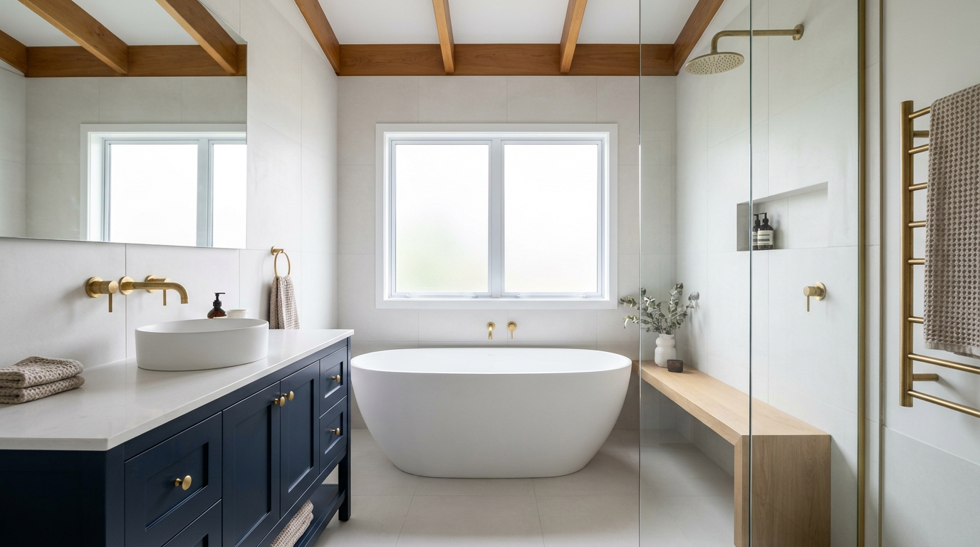 Renovated Australian bathroom with navy shaker cabinetry, brass tapware and a white stone vanity — The Bathroom Renovation Blueprint AU