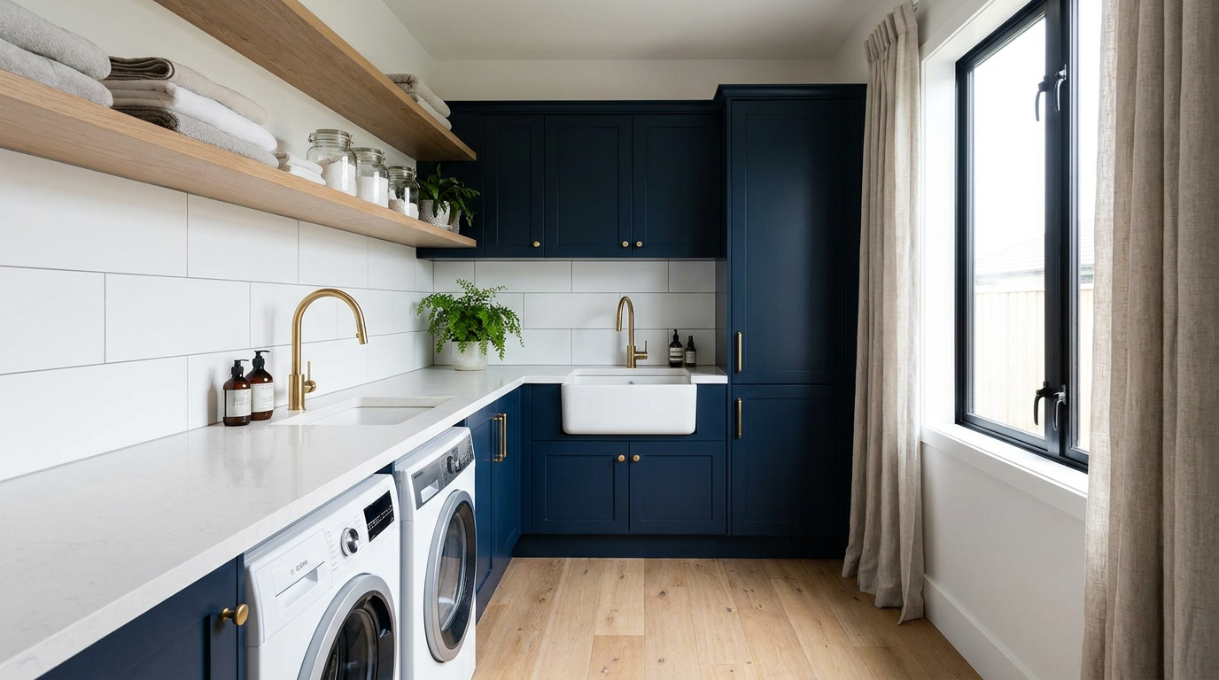 Renovated Australian laundry with navy shaker cabinetry, brass tapware and a white stone benchtop — The Laundry Renovation Blueprint AU