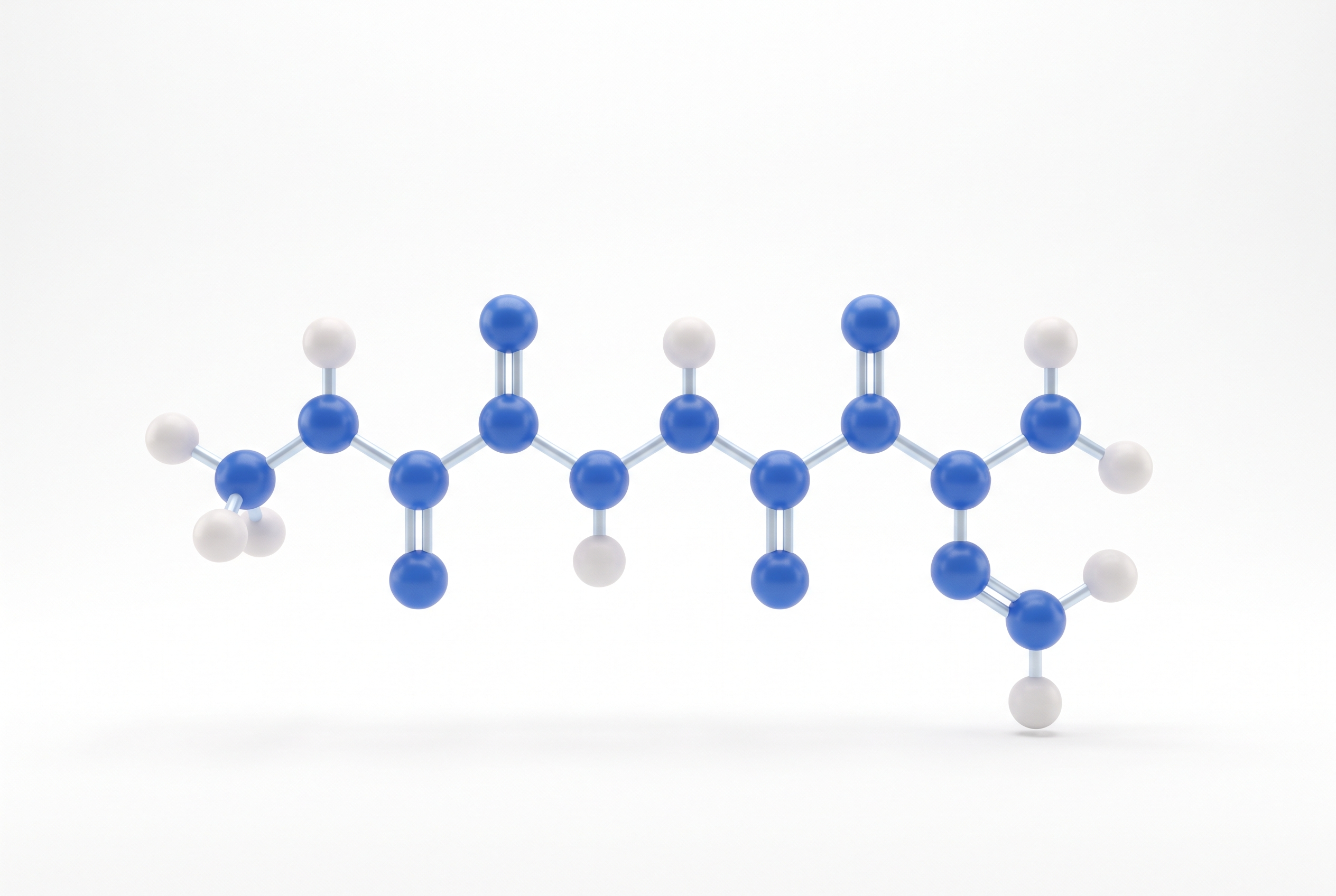 Three-dimensional ball-and-stick render of a peptide molecule in cobalt blue and white
