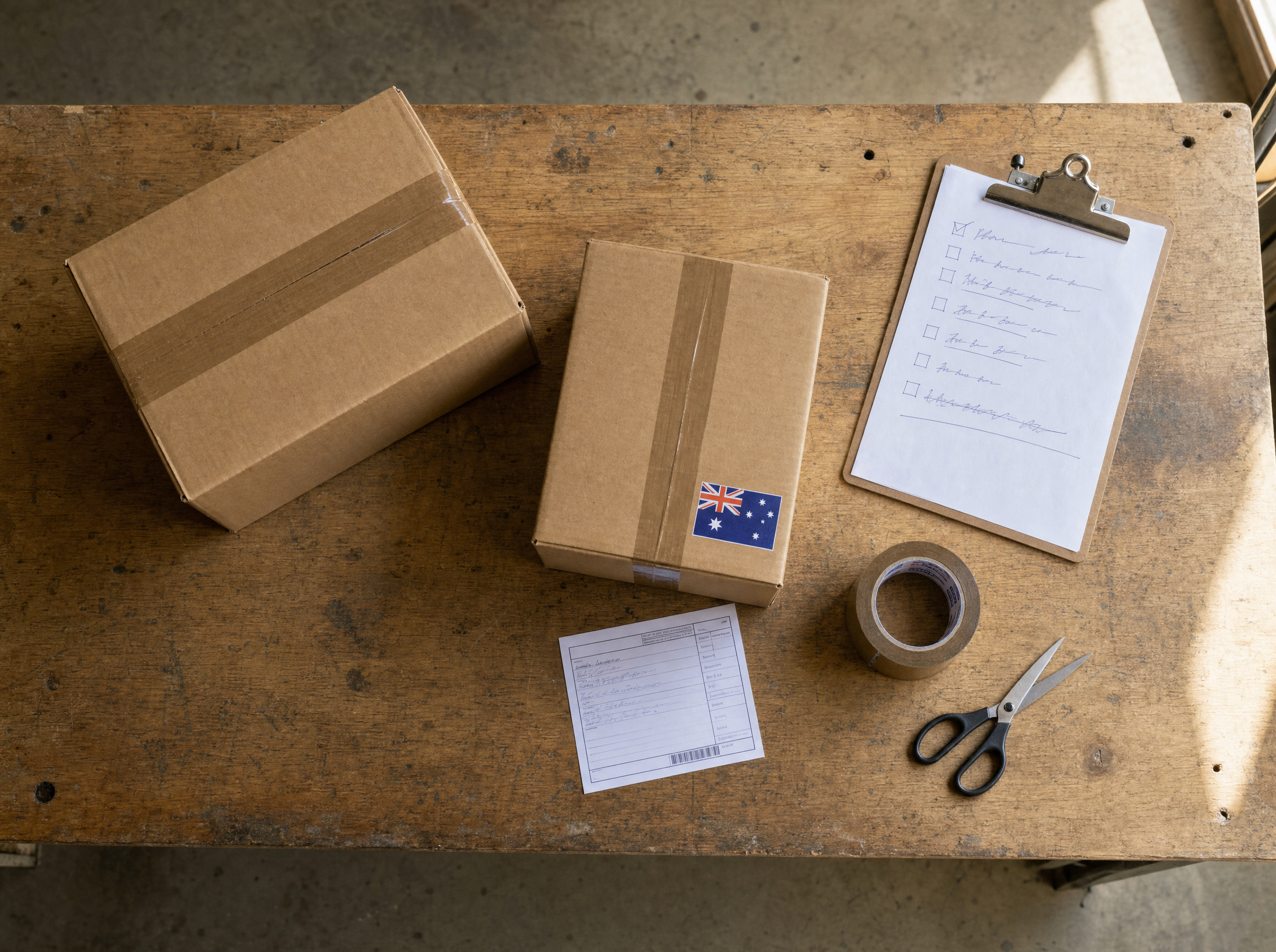 An Australian workshop bench with packed Home DIY kits ready to ship