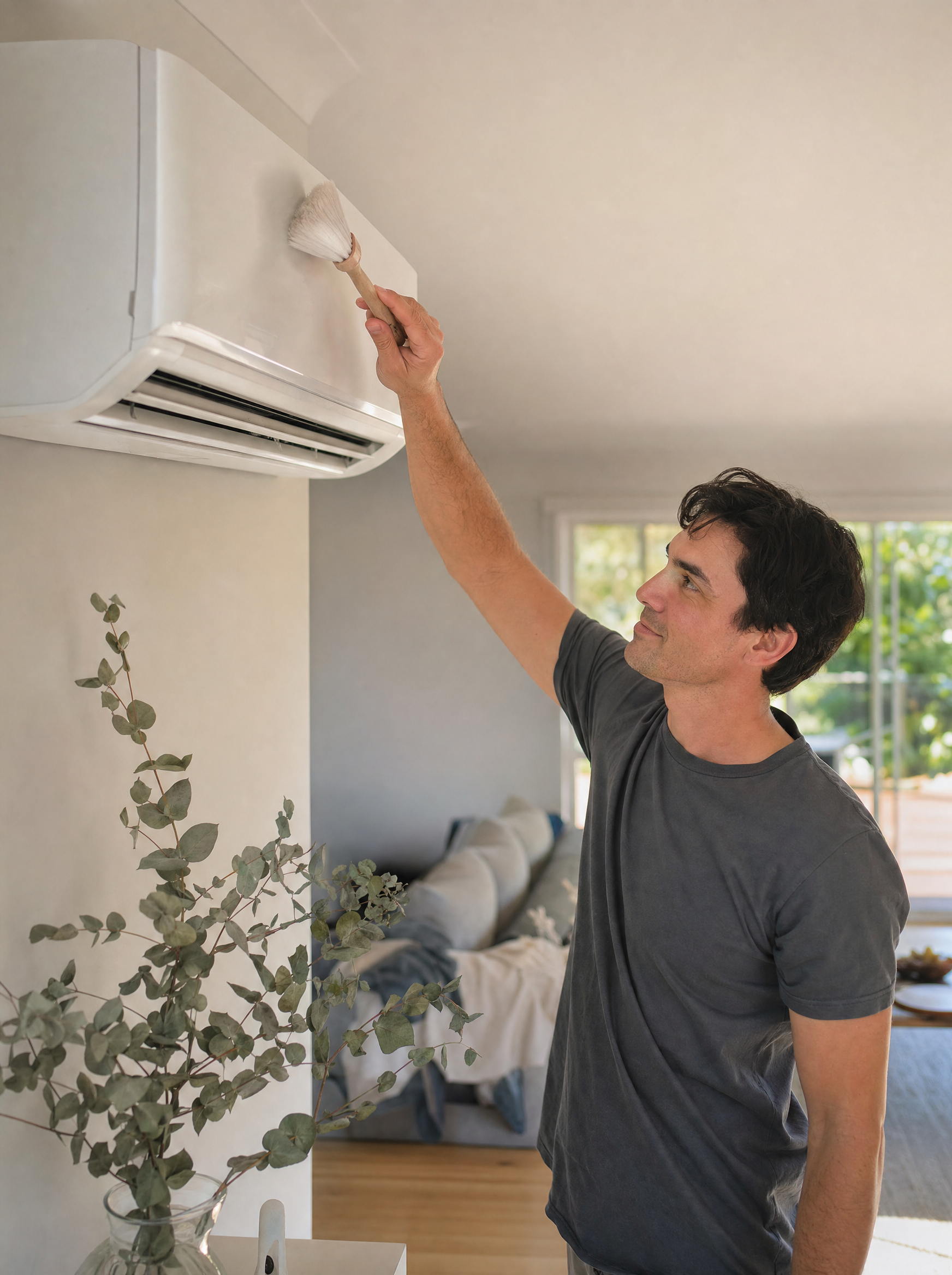 An Aussie couple cleaning a split-system air conditioner together at home