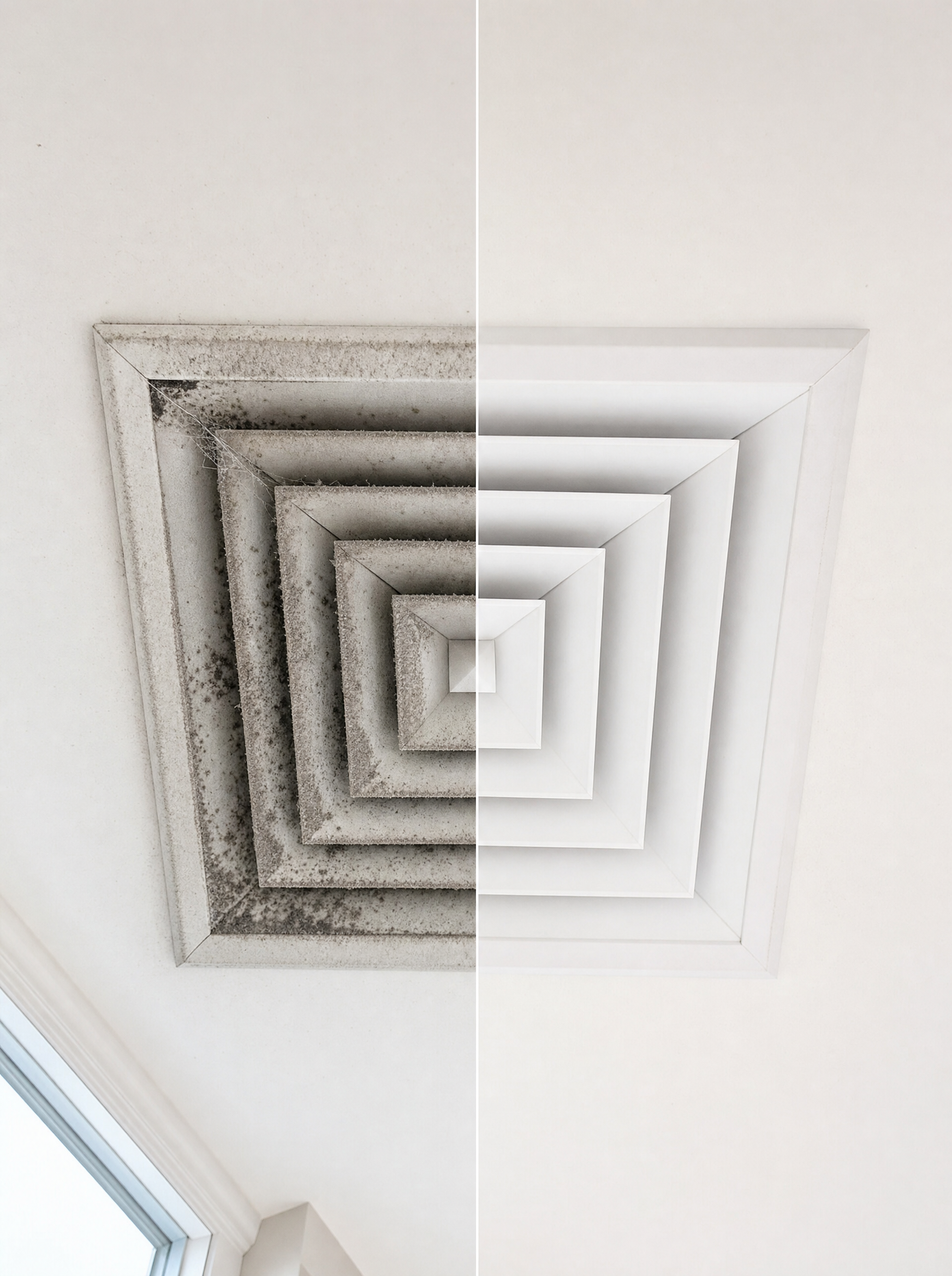 Before and after a ducted ceiling vent clean
