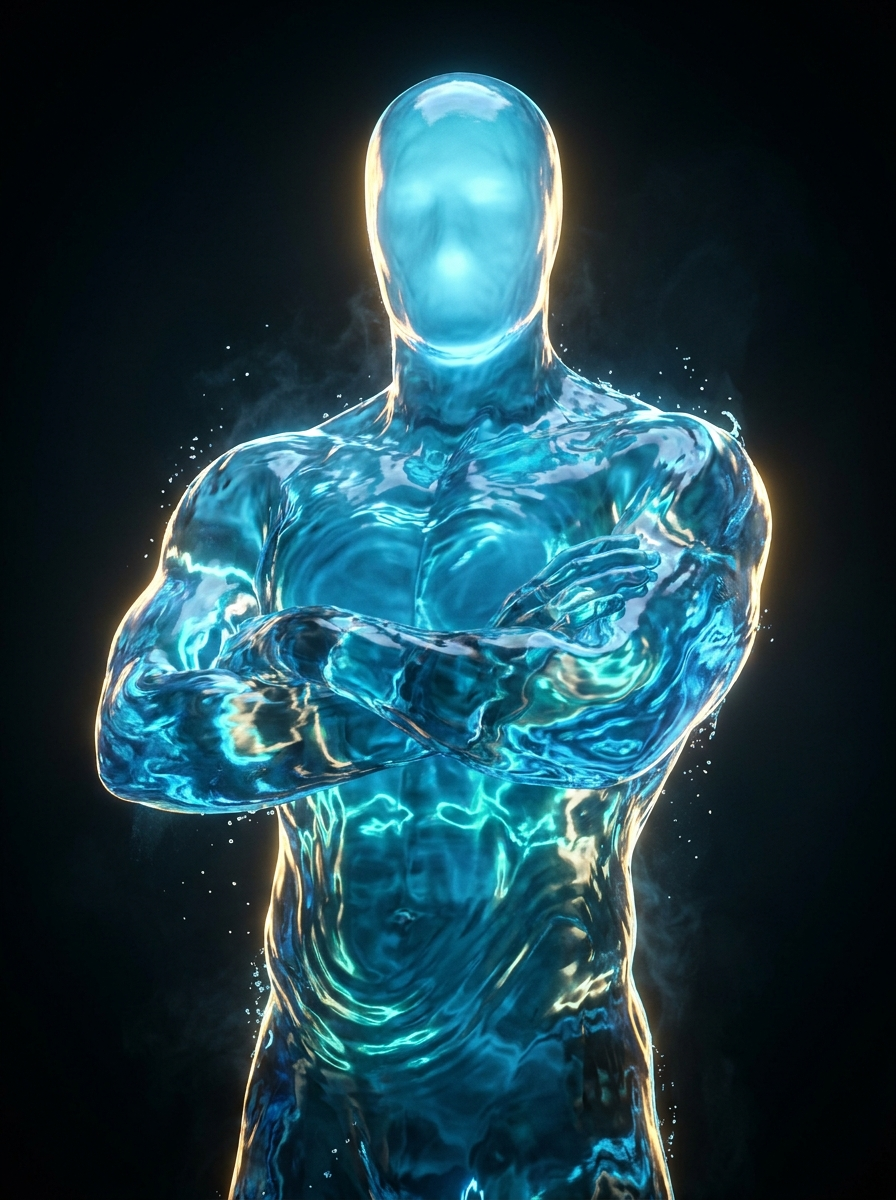 WLDN guide — a luminous figure sculpted from electric blue water with gold light accents
