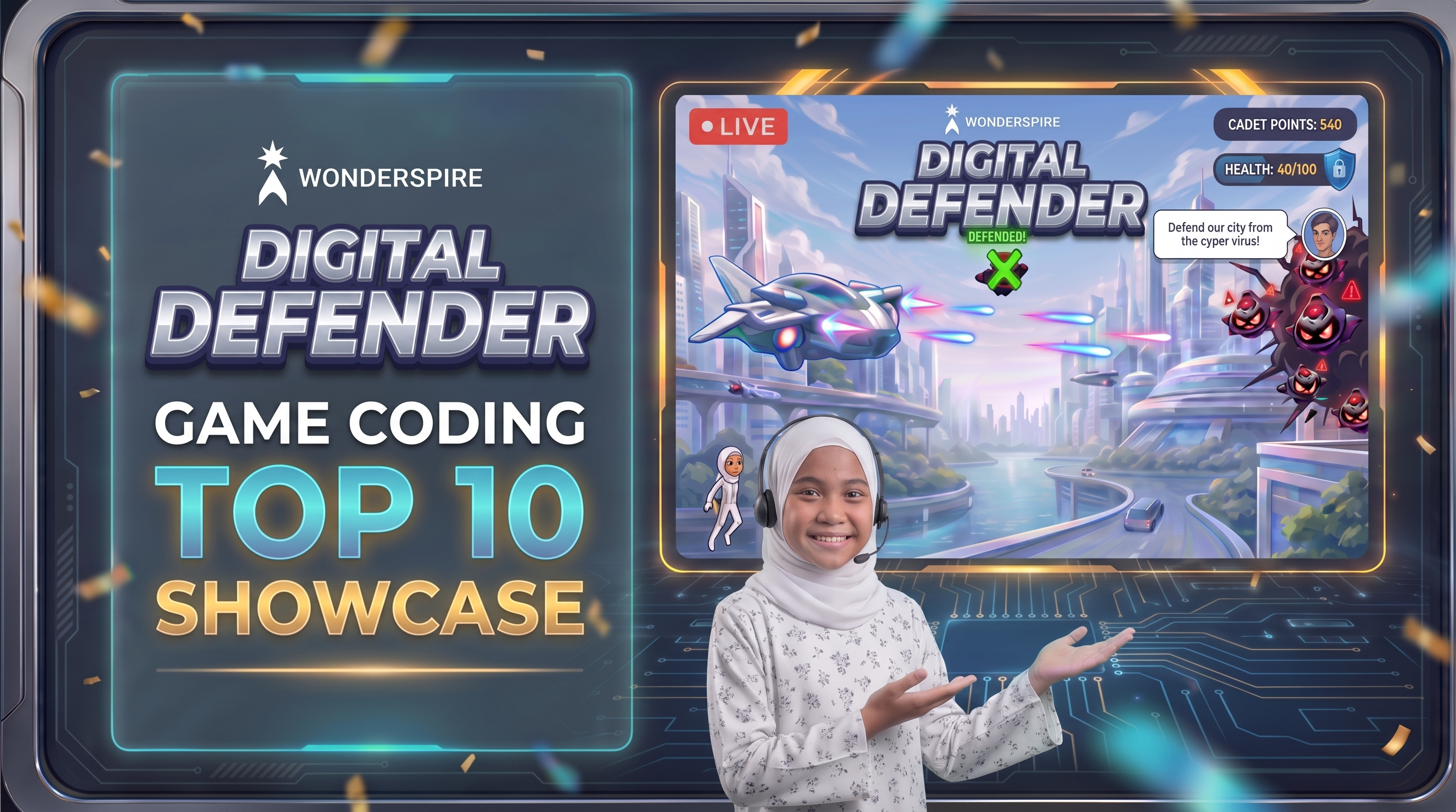 Suasana Top 10 Showcase: leaderboard Top 10 di sebelah kiri dan pelajar membentangkan projek Digital Defender secara live online
