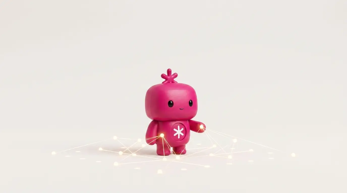 Achilles, the RDLB Agentic mascot, a matte magenta figure standing at the center of a glowing constellation of connected agent nodes on a soft ivory background, coordinating a system of agents.