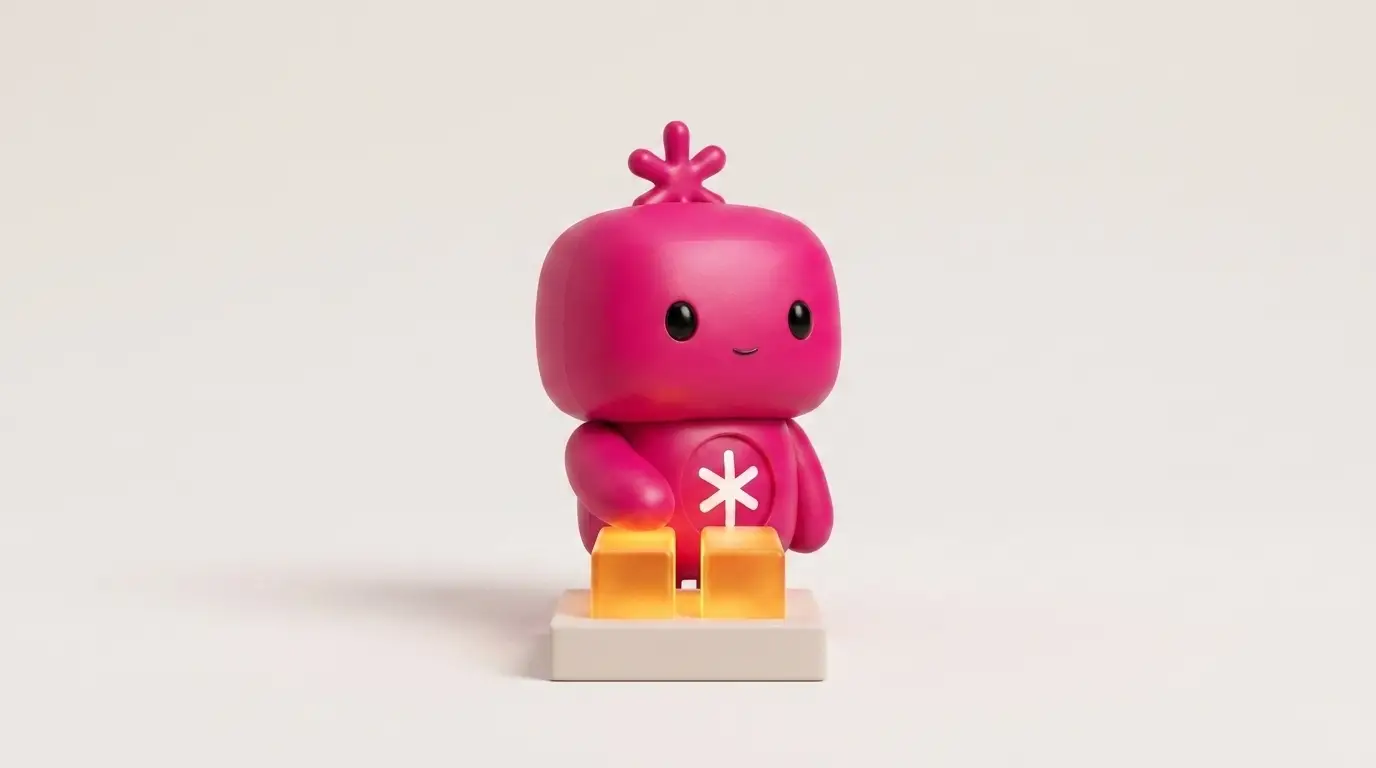 Achilles, the RDLB Agentic mascot, a matte magenta figure calmly pressing a large pause button on a pedestal, amber accent glow, soft ivory studio background.