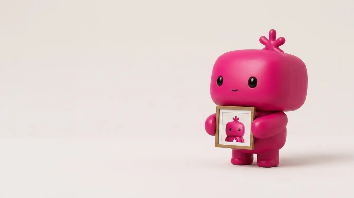 Achilles, the RDLB Agentic mascot, a matte magenta figure calmly holding a small framed portrait of himself, soft ivory studio background.