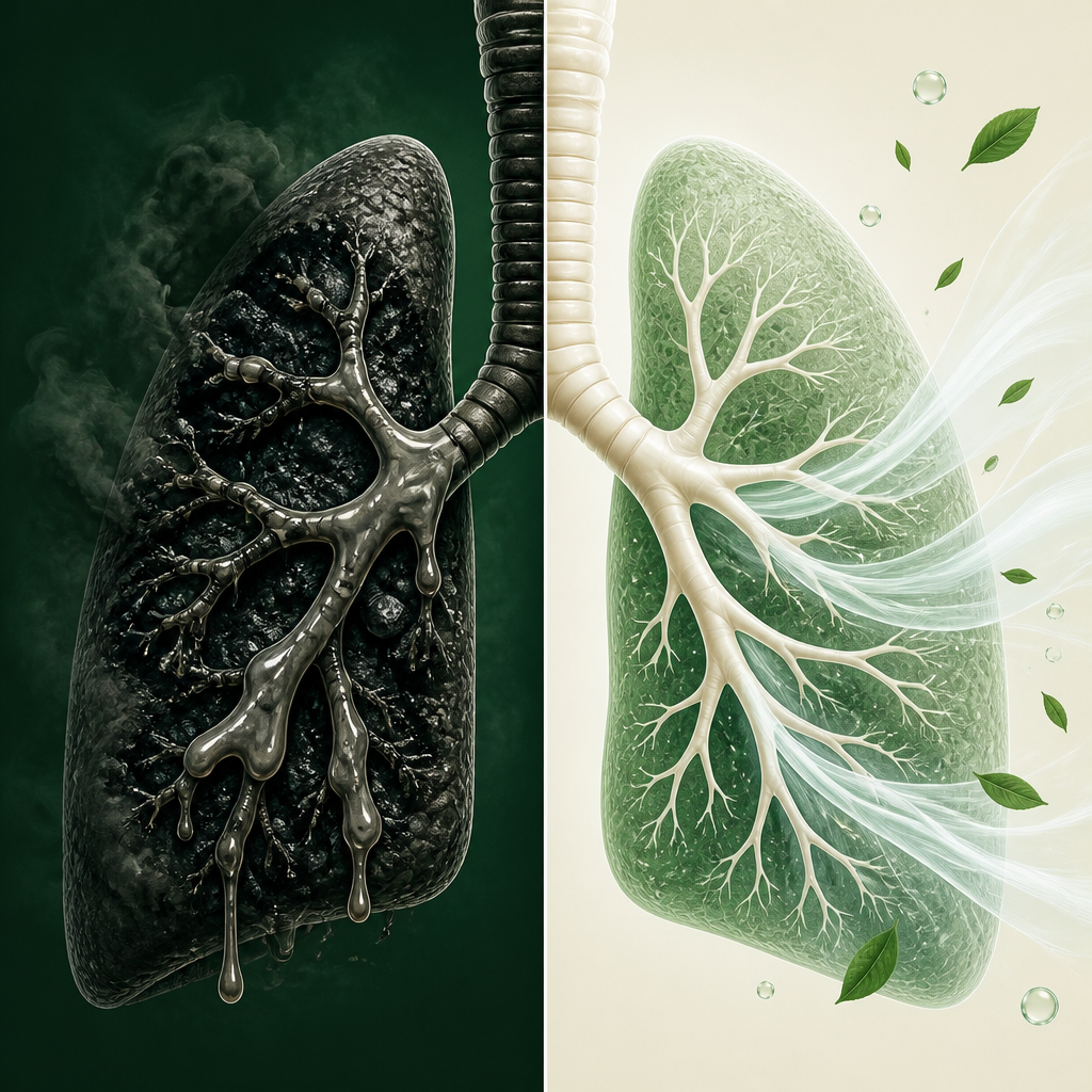 Poumons bloques par le mucus vs poumons sains