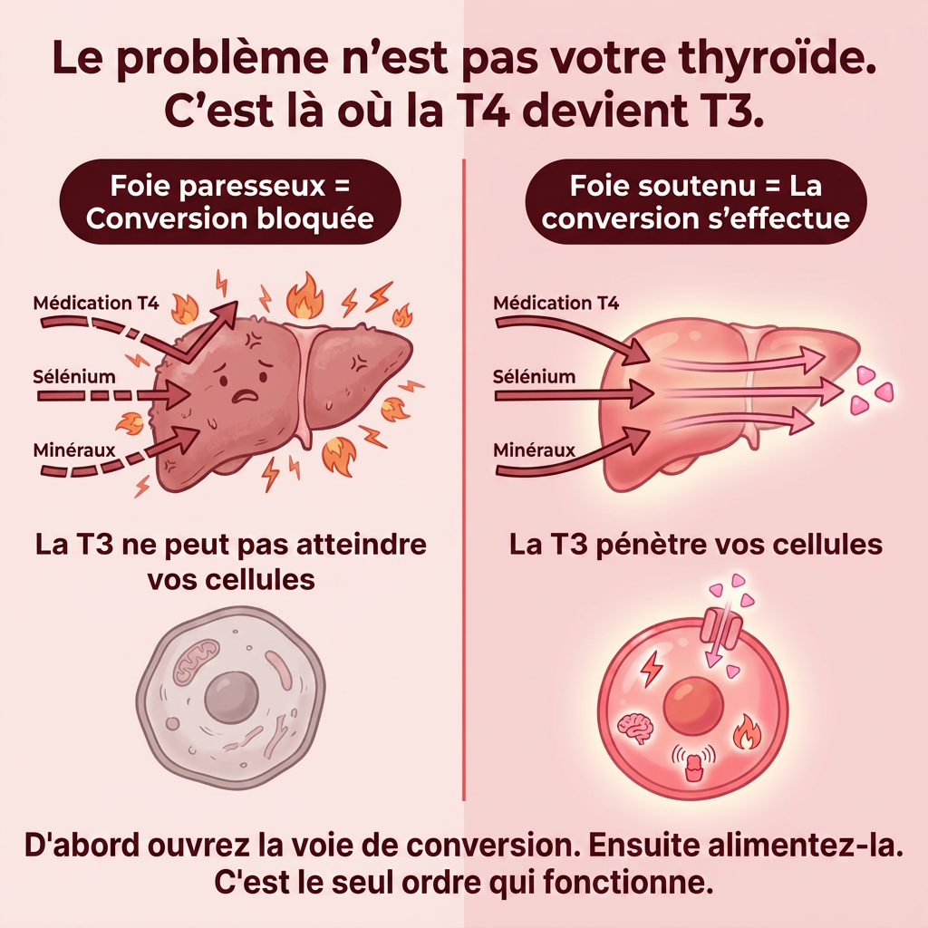 Schéma : le foie convertit la T4 en T3 — conversion bloquée vs conversion soutenue
