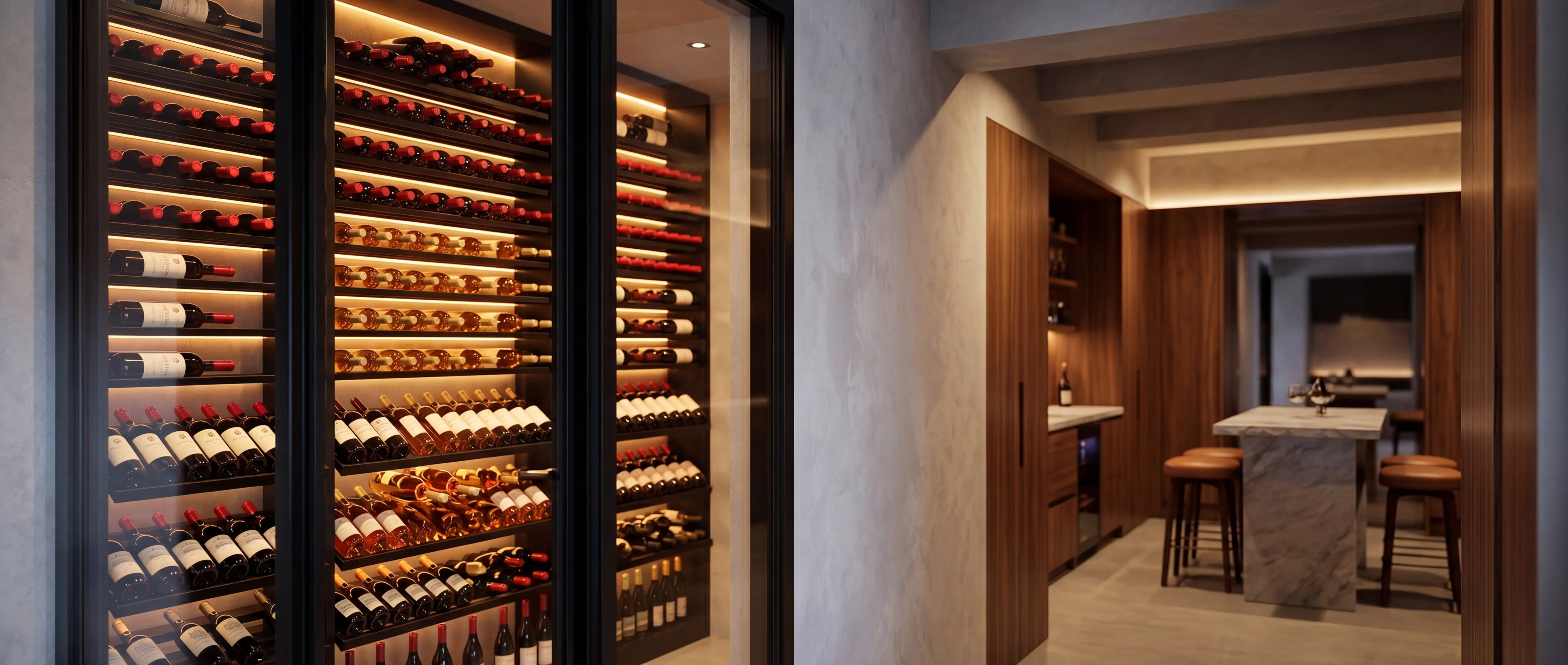 Modern home wine cellar with glass-fronted bottle display and adjacent wine tasting area showing the architectural finish achievable with a fully-ducted Panthaire APEX cooling system