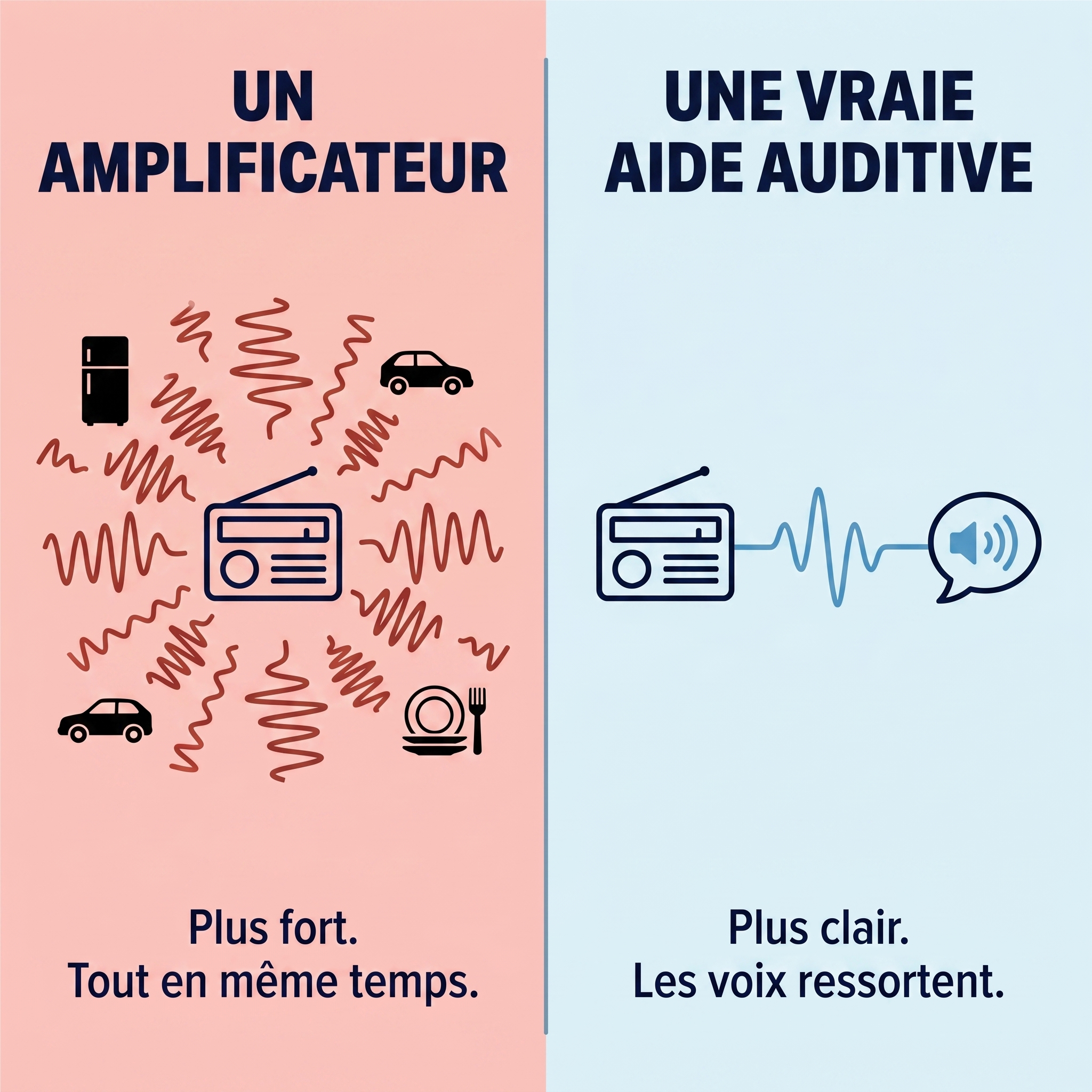 Amplificateur vs vraie aide auditive — plus fort vs plus clair