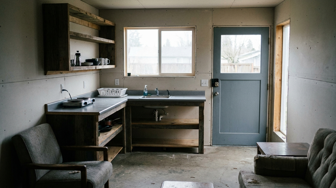 Junior ADU interior with efficiency kitchenette