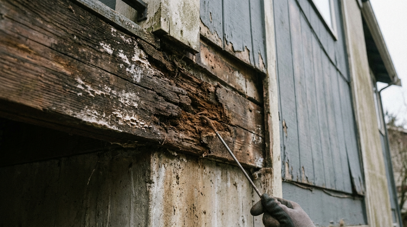 Deteriorated balcony framing member showing advanced dry rot
