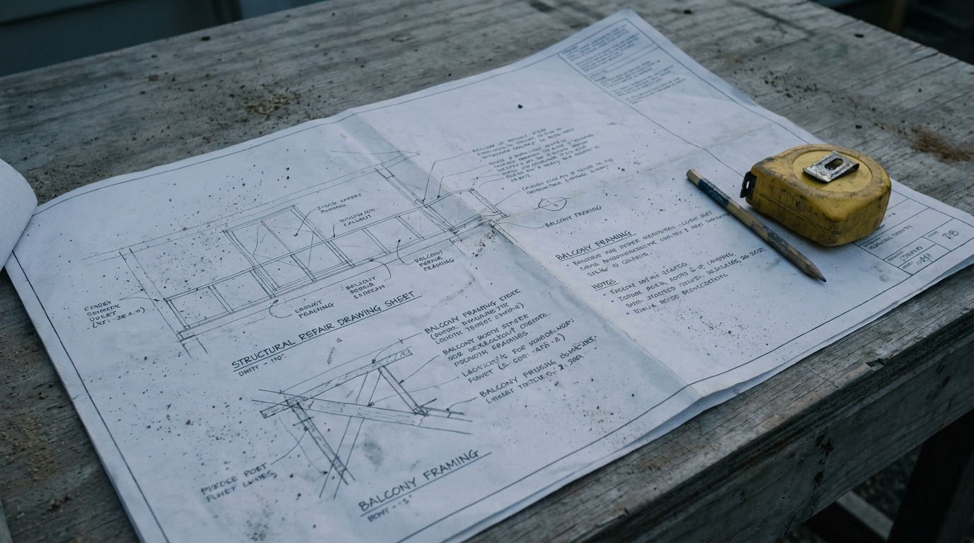 Structural repair drawing sheet on a job site table