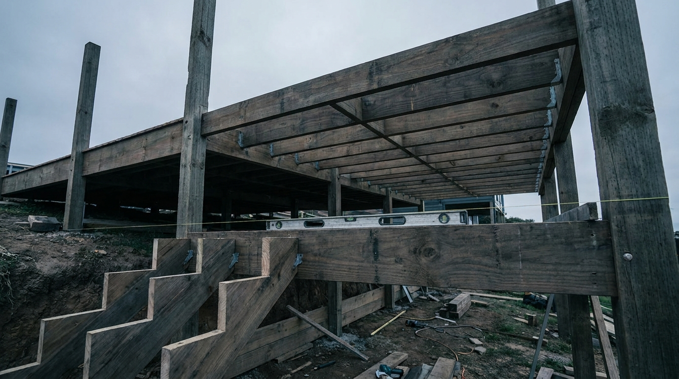 Raised deck framing with beams and stair stringers
