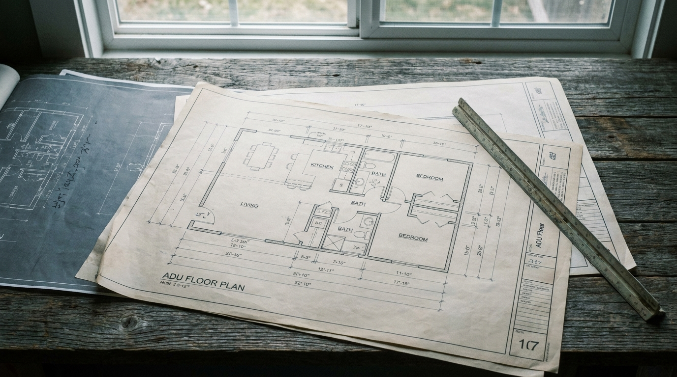 ADU floor plan sheets spread across a table
