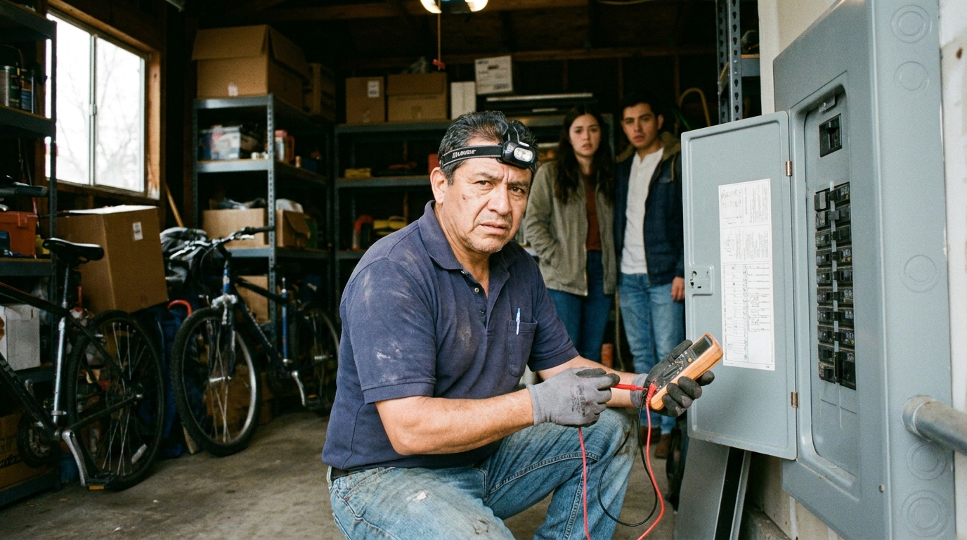 Home inspector examining an open electrical panel while buyers watch