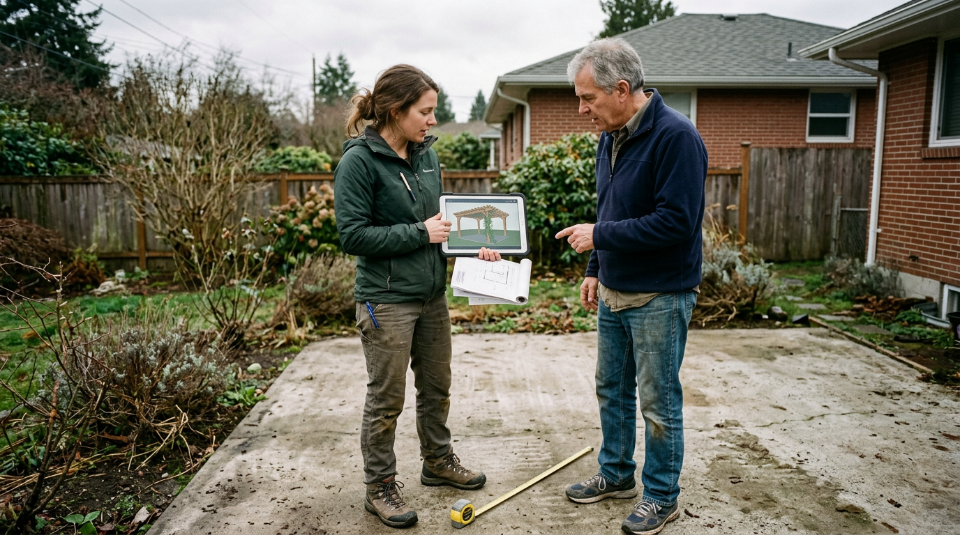 Designer showing a pergola render on a tablet against an empty patio