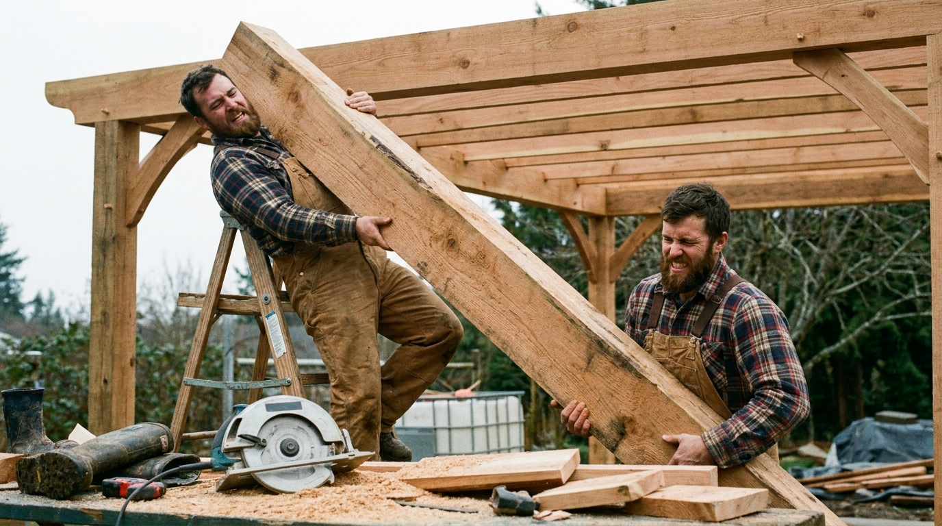 Two builders lifting a cedar beam into place on a pergola frame