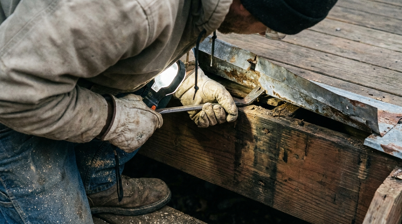 Gloved hands prying back deck flashing to inspect the ledger connection