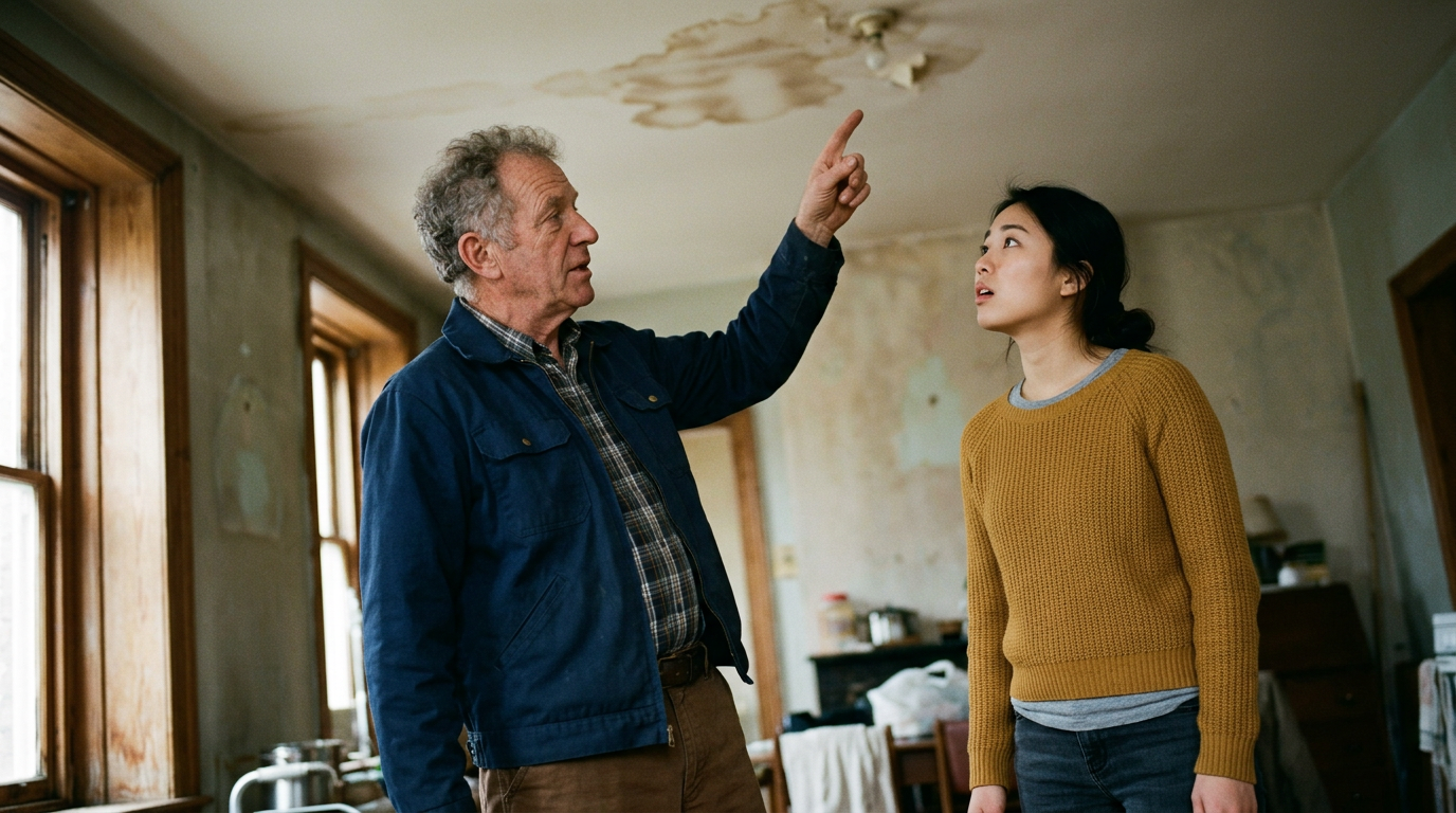 Inspector pointing out ceiling water staining to a first-time buyer