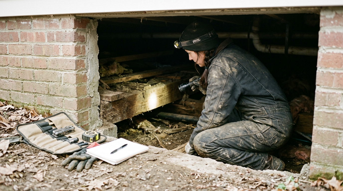 Inspector with a headlamp checking framing inside a crawlspace