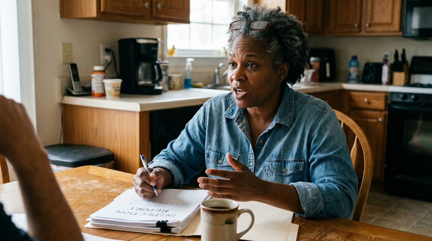 Homeowner reviewing a printed inspection report at her kitchen table