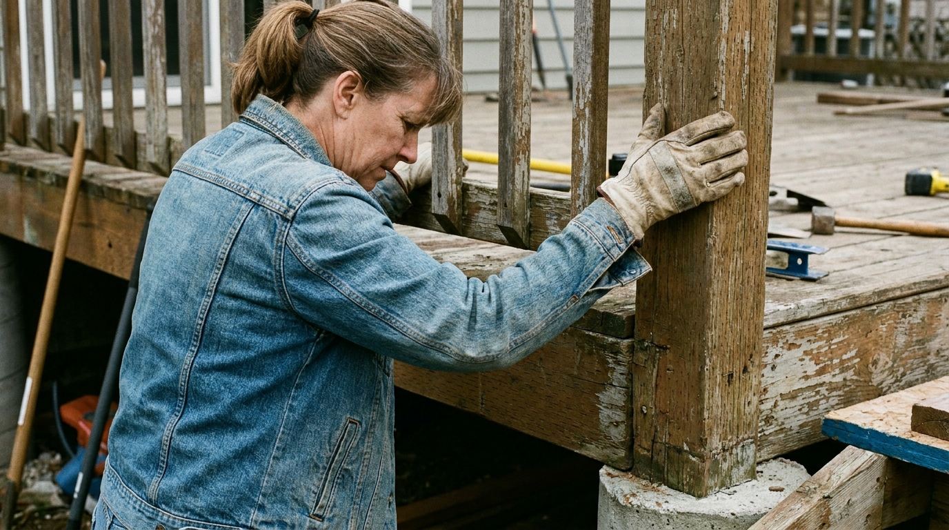 Homeowner testing a loose deck guardrail by pushing on it