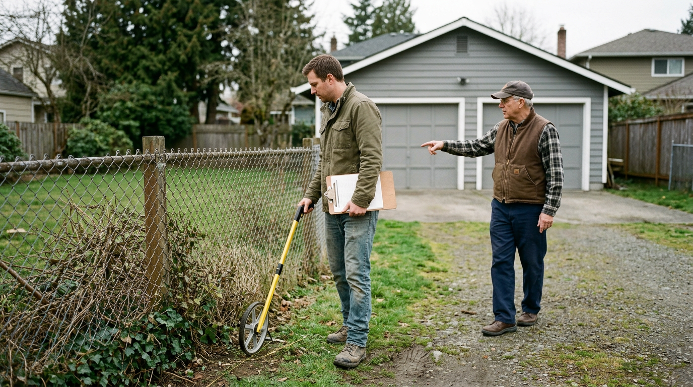 Designer measuring setbacks along a property line with the homeowner