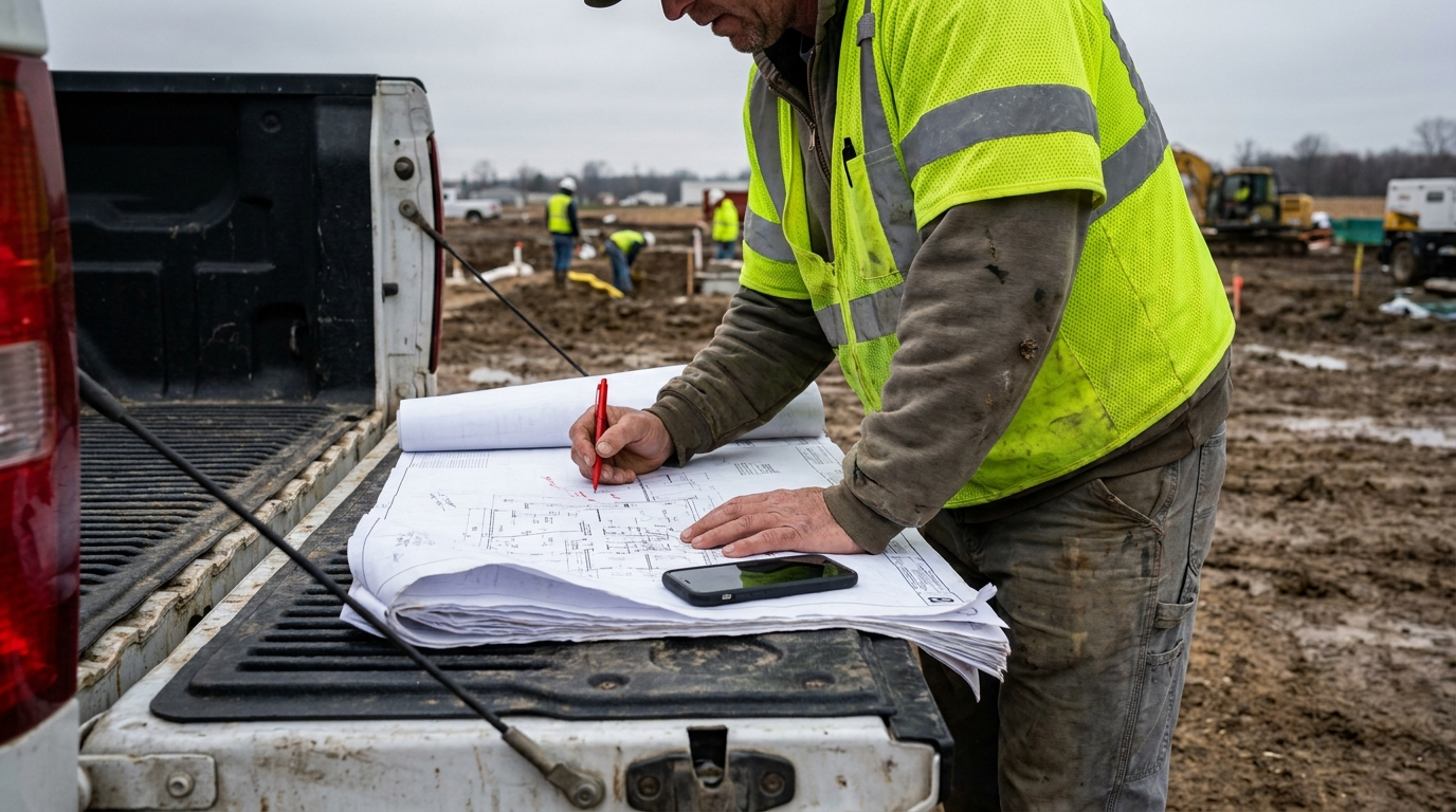 Contractor marking up drawings in red pen on a truck tailgate