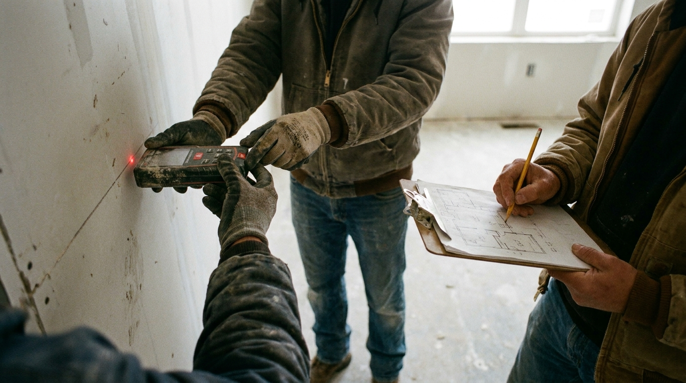 Hands taking as-built measurements with a laser distance meter