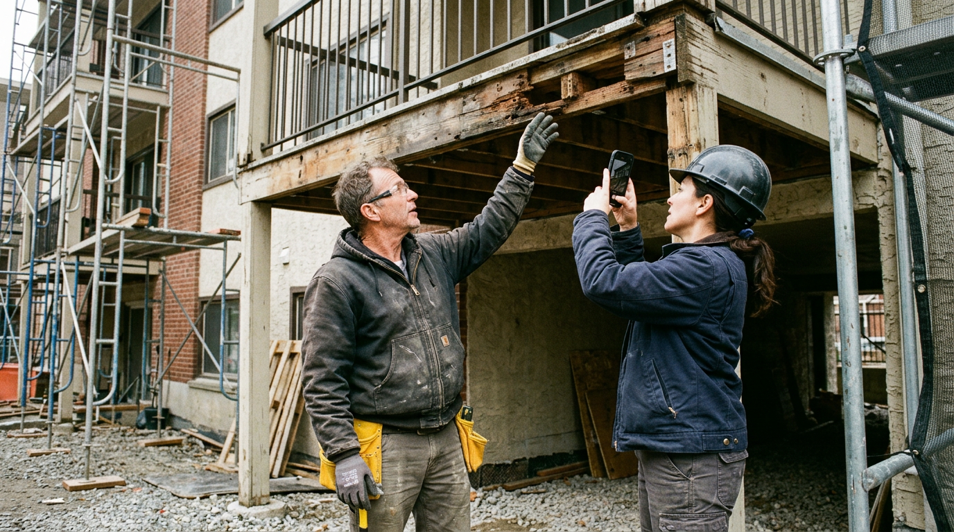 Repair contractor and property manager reviewing exposed balcony framing