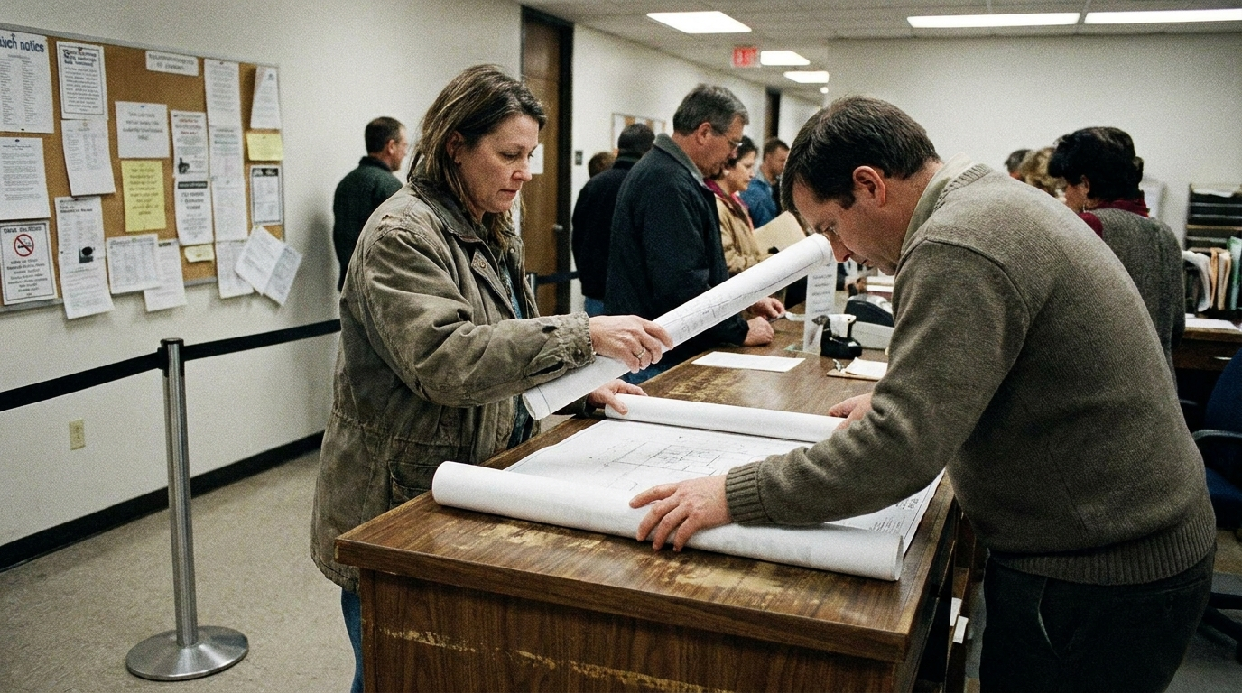 Handing a rolled drawing set across a building department counter