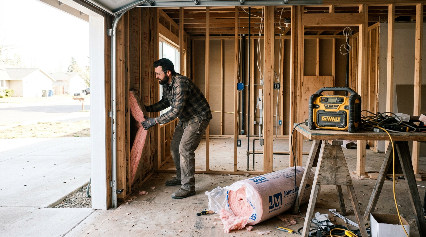 Builder installing insulation during a garage-to-ADU conversion