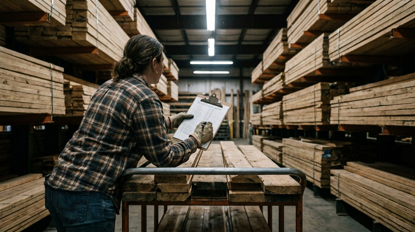 Shopper checking off a printed cut list at a lumberyard