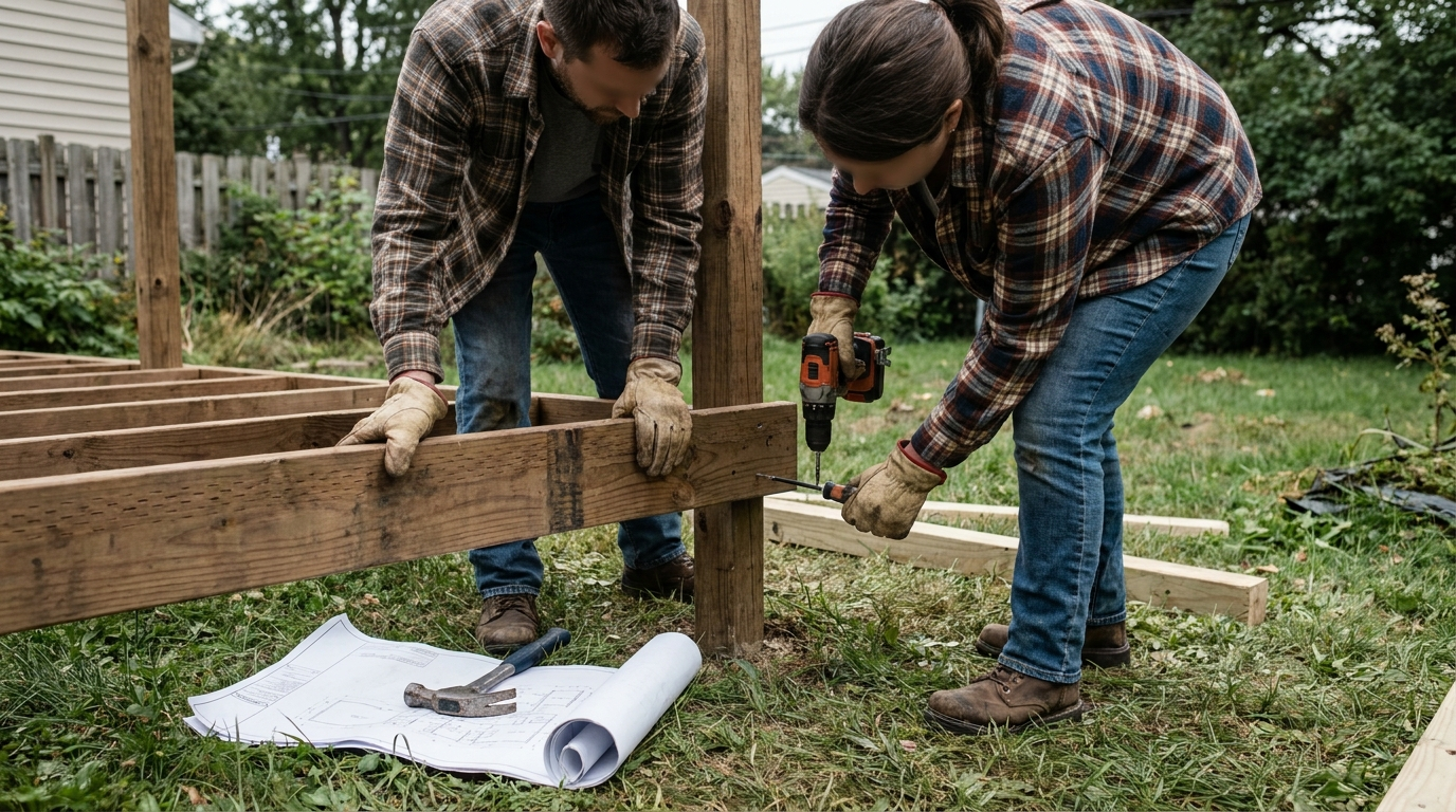 Two people assembling a deck frame from printed plans