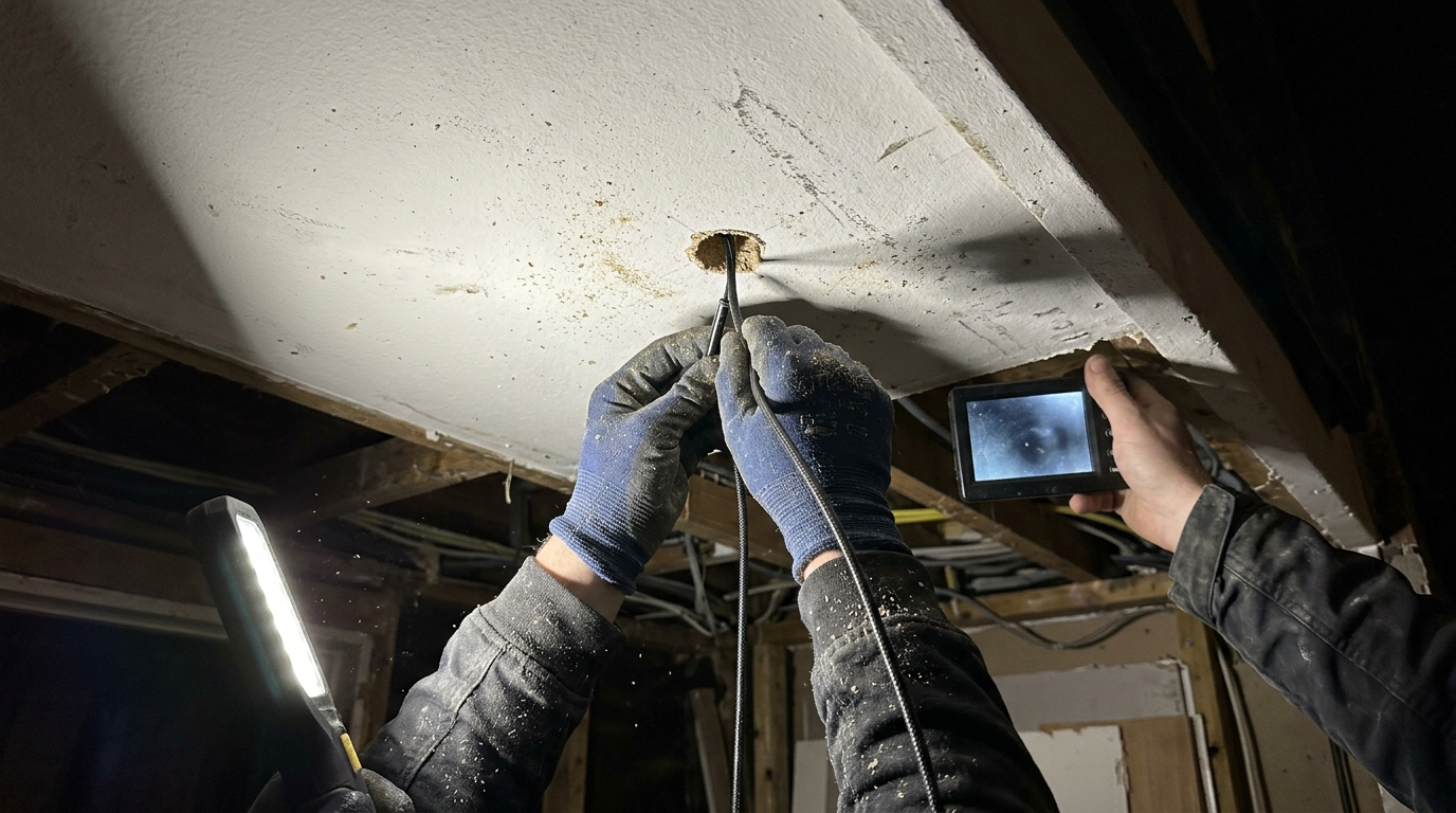 Gloved hands feeding an inspection camera into a test opening cut in a balcony soffit