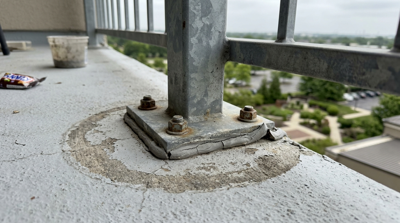 Guardrail post base bolted through a balcony deck edge with cracked sealant