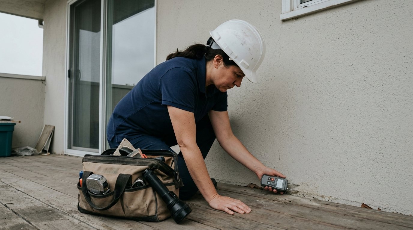 Inspector crouched on a balcony pressing a moisture meter against the deck-to-wall junction